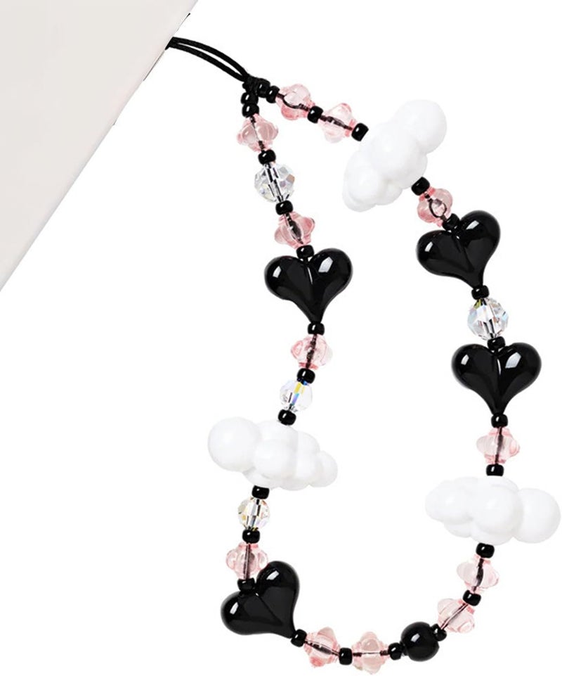 WCCH Beaded Phone Charm Y2K Kawaii Handmade Acrylic Phone Lanyard Wrist Strap for Camera Bag Airpods Keychain Charm Black Heart and White Cloud - Image 1